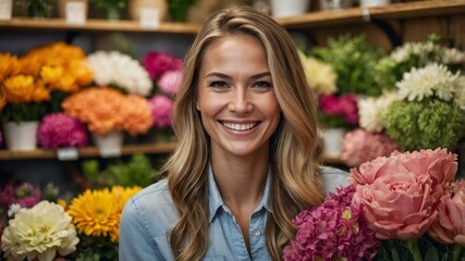 A passionate blonde florist with a smile creates a unique floral arrangement, surrounded by a vibrant assortment of colorful blooms, in a floral market, in a flower store.