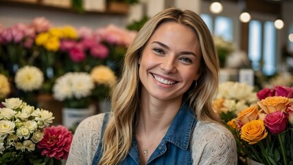A close-up of a blonde woman's face, bathed in soft, natural light, is surrounded by colorful blooms, capturing her natural beauty and serenity. Smiling in a flower shop, in a floral market.