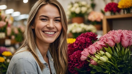 A cheerful blonde young woman poses among flowers, creating a vibrant and colorful image, strikes poses among flowers of diferent colours, between sunflowers and daisies.