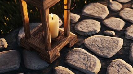 Wooden Lantern Illuminating a Rustic Stone Pathway: A Cozy Outdoor Scene