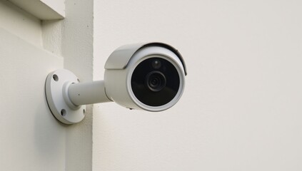 Security camera white mounted on a wall