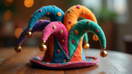 A photorealistic image of a jester hat adorned with bells and colorful fabric, displayed on a festive background. The lighting highlights the textures and details of the hat