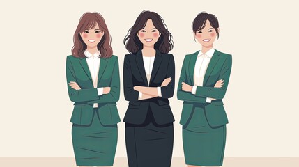 Professional illustration of a confident team of three businesswomen in suits
