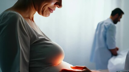 An expectant mother undergoes a prenatal examination in a well-lit medical office. A doctor gently feels her abdomen while discussing the pregnancy details.
