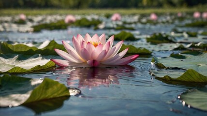 A photorealistic image of a blooming lotus flower floating gracefully on a serene pond. The flower's delicate petals are a vibrant pink, contrasting beautifully with the lush green leaves 