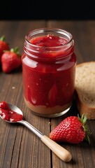 Organic vegan marmalade with strawberries  whole grain bread on a rustic table setting