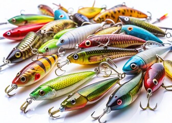 Assorted Fishing Baits with Hooks on White Background - High-Resolution Stock Photo
