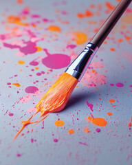 Closeup of a paintbrush with orange paint
