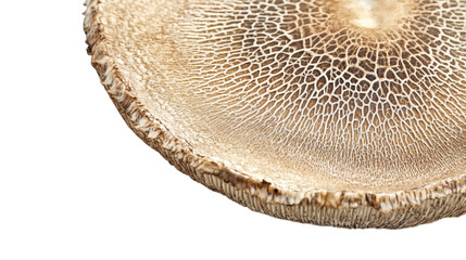 Closeup view of the underside of a portobello mushroom isolated on white background