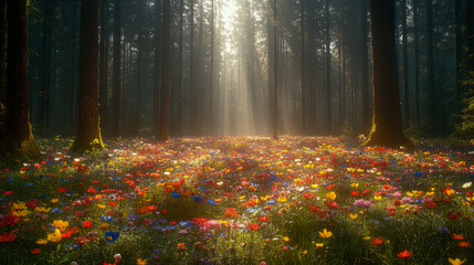 Sunlit Forest Meadow: Vibrant Wildflowers and Majestic Trees