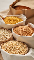Fototapeta premium Highlighting sustainable agricultural products close-ups of varied whole grains displayed in eco-friendly packaging