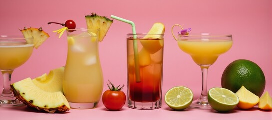 Pink-themed close-up showcasing homemade tropical alcoholic drinks and refreshing cocktails