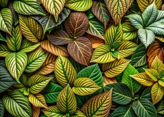 Naklejka premium Autumn Leaf Pattern: Vibrant Green, Brown & Beige Foliage Design