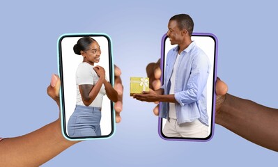 A couple celebrates their affection by connecting through smartphones. With smiles on their faces,...