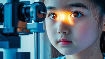 A young Asian girl is focused as her eye is checked with medical equipment. The clinical setting suggests a vision test, conveying themes of healthcare and child wellness.