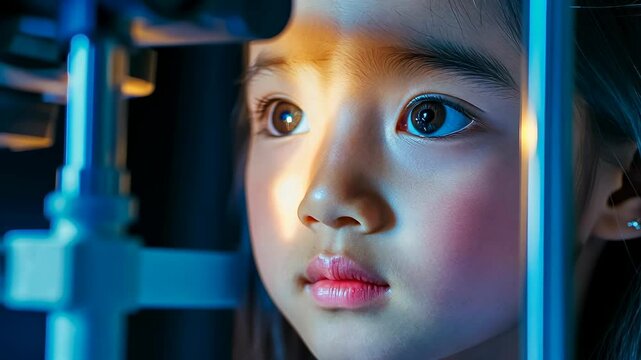 A young Asian girl gets an eye examination using advanced ophthalmologic equipment, highlighting the intersection of youth and medical technology.