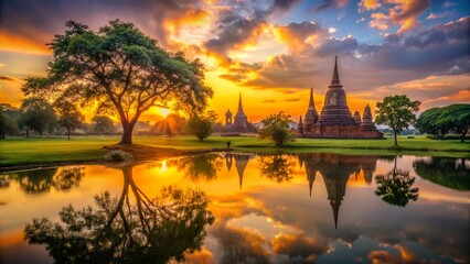 Obraz premium Ayutthaya Sunset: Silhouette of Ancient Ruins Reflected in a Peaceful Pond