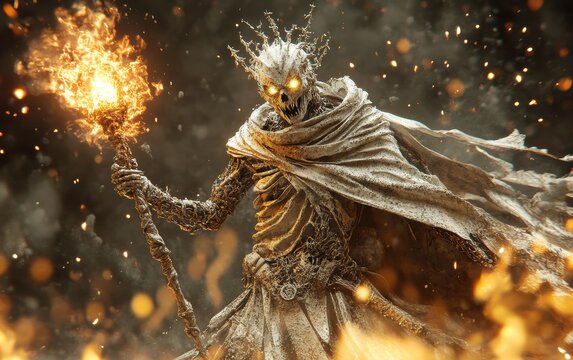 A warlord lich boss character concept wearing cursed armor and wielding a staff pulsing with necrotic energy. 