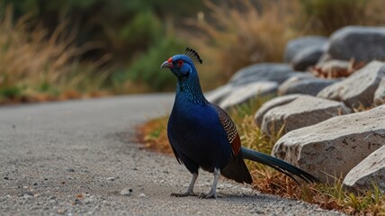 Fototapeta premium Vibrant blue pheasant near rocks on path.