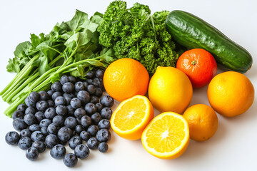 Minimalist vertical still life of fruits and greens, white background