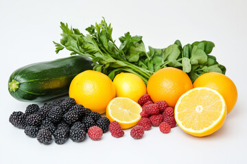 Minimalist vertical still life of fruits and greens, white background