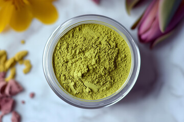 Matcha powder on white surface, minimalist style