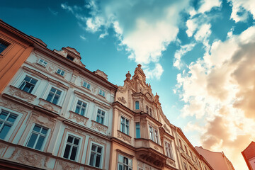 Fototapeta premium 建築, ビル, 家, シティ, ユーロパ, 古い, うわべ, タウンズ, 空, ドイッチュ, まど, ビル, 歴史的に重要な, まど, 旅行, アーバン, 家, 外側, プラハ, ランドマーク, 古代の, 観光, タワー, 通り, 歴史上の
