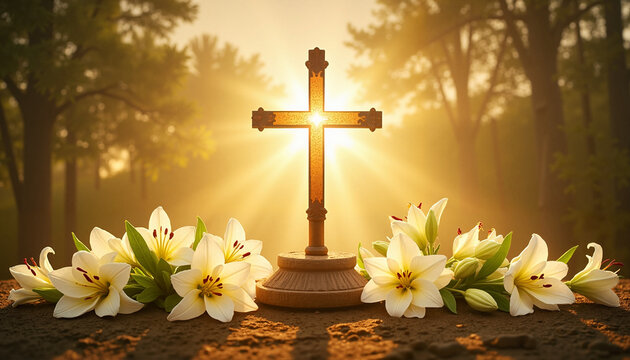 Illuminated cross with lilies at sunset in forest
