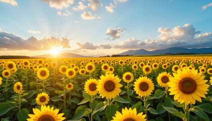 Obraz premium Sunflower field at sunset with mountains in background