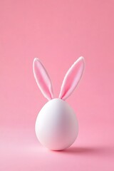 white mockup egg with bunny rabbit ears isolated on pink background, Easter spring holiday concept, minimalist style, card or banner with copy space, blank template egg for design
