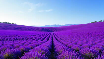 Fototapeta premium Vibrant purple lavender field against mountain backdrop