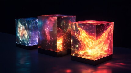 Cosmic resin lamps on dark surface, glowing nebula patterns, studio shot