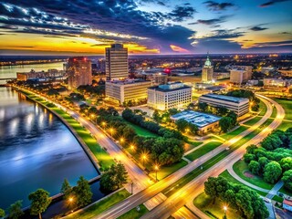 Fototapeta premium Baton Rouge Aerial: Capitol Gardens & Downtown Skyline Long Exposure at Night