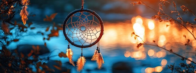 Obraz premium Dreamcatcher catcher dream feather watercolor boho magic mandala background sacred. Moon catcher dream dreamcatcher chakra native bohemian indian mystic spiritual esoteric art american geometric light
