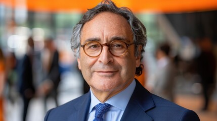 Fototapeta premium Portrait of a distinguished middle-aged man wearing glasses and a suit, confidently posing indoors with a blurred crowd in the background, embodying professional and sophisticated demeanor