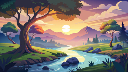   A serene sunrise over a river, highlighting a majestic tree amidst mist and lush greenery. © williamnoah