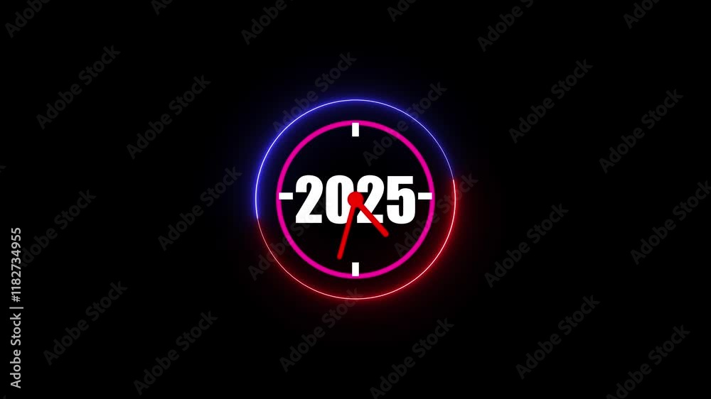 Poster 2025 animation on a wall clock displaying the year as time passes by in a dynamic visual.