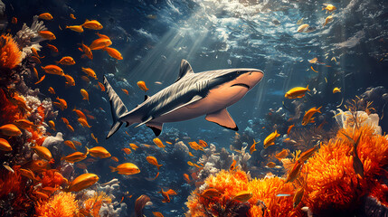 Fototapeta premium The reef shark concept is against the stream and the fish swarm is the mainstream leader background. Moonstream. Illustration