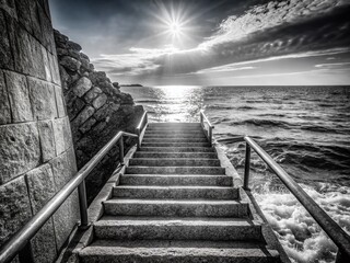Black and White Coastal Stone Staircase Leading to Ocean View - High Resolution Stock Photo