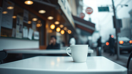 Classic White Coffee Mug in a Bustling Outdoor Café