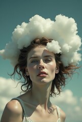 A young woman with windswept hair framed by fluffy clouds, evoking a whimsical connection to nature and the skies.