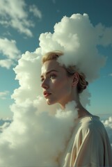 A contemplative woman shrouded in cascading clouds, gazing softly at the horizon, surrounded by a peaceful azure sky.