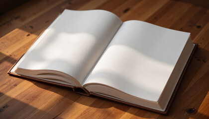 Fototapeta premium Open book with blank pages under warm light, a sense of creativity