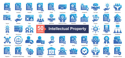 Intellectual Property Icon Collection Set.Containing patent, certificate, copyright, trademarks, duality icon. Simple glyph gradient style Vector Illustration.	