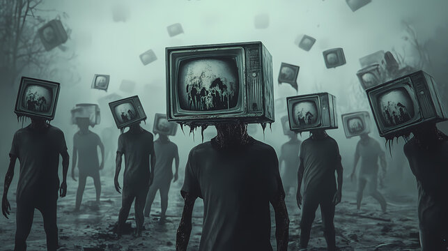 Zombie people with an old tv instead of head. mass media addiction. television manipulation and crowd control. brainwashing concept. 3d render 3d illustration. Moonstream. Illustration
