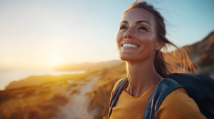 Traveler woman with backpack hiking on top of rocky peak. Snowy mountain landscape. Climber girl on summit. Active lifestyle, climbing, extreme sport concept. Background travel tourism vacations