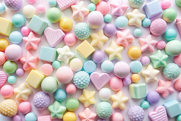 Fototapeta premium Pastel-colored candy assortment, overhead shot.