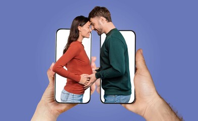 This joyful couple shares a tender moment as they embrace through their smartphones, symbolizing love and connection. They are anticipating a baby, highlighting affection in their everyday life.