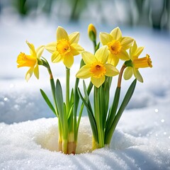 Naklejka premium Glowing daffodils in the snow.