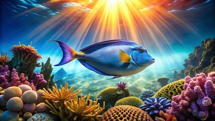Naklejka premium Blue Spine Unicornfish Swimming in Coral Reef - Stock Photo
